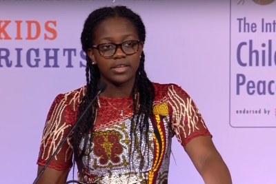 Cameroon teenager Divina Maloum speaks at the ceremony in which she was awarded the 2019 International Children’s Peace Prize.