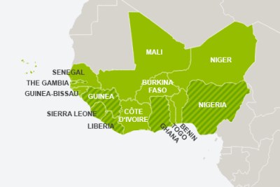 A map showing the ECOWAS states.