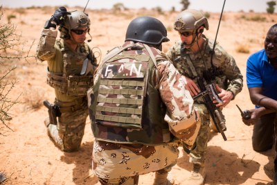 U.S. Special Forces Group members conduct key-leader engagement training with  the Nigerien Armed Forces during Operation Flintlock 18 in Niger in 2018. These soldiers trained with partner forces to share experiences and increase interoperability for regional security and stability.