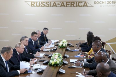 Left to right, Russia's Foreign Minister Sergei Lavrov, Russia's President Vladimir Putin, Russian Presidential Yuri Ushakov, Russia’s Energy Minister Alexander Novak and President of Central African Republic Faustin Archange Touadéra, third right, during Russia-Central African Republic talks on the sidelines of the 2019 Russia-Africa Summit at the Sirius Park of Science and Art in Sochi, Russia (file photo).