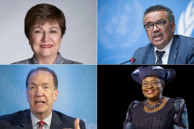 Kristalina Georgieva (FMI), Tedros Adhanom Ghebreyesus (OMS), David Malpass (Banque Mondiale) et  Ngozi Okonjo-Iweala (OMC)