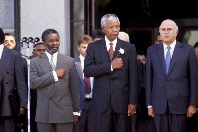 President Nelson Mandela, centre, during the 1994 inauguration ceremony. On the left is Vice-President Thabo Mbeki and on the right is Vice-President FW de Klerk.(file photo).