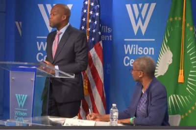Wamkele Mene, Secretary General of the African Continental Free Trade Area (AfCFTA) Secretariat, answering questions at the Woodrow Wilson International Center for Scholars in Washington, DC during a session moderated by Dr. Monde Muyangwa, Africa Program Director.