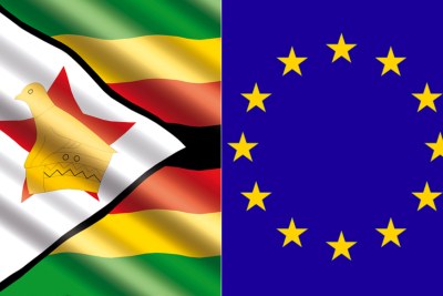 Zimbabwean flag, left, and EU flag.
