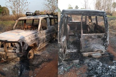 Un véhicule MSF incendié après une attaque à main armée dans la périphérie de Yei. Soudan du Sud. 2022.