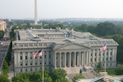The United States Treasury building in Washington, DC., with the Washington Monument in the background (file photo).