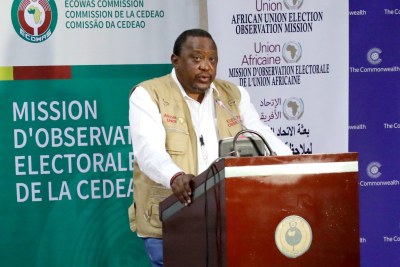 Former Kenyan President Uhuru Kenyatta speaks at a briefing by African Union and ECOWAS Heads of Missions, presenting their preliminary statements on the findings and recommendations of observations of the Nigerian 2023 elections.