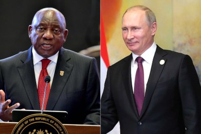 Le président de la RSA Cyril Ramaphosa (g) et le président de la Russie Vladimir Poutine (d)