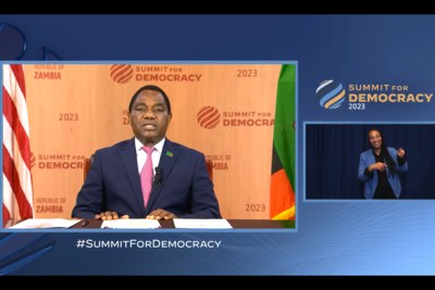 Zambian  President Hakainde Hichilema addressing the Summit for Democracy 2023