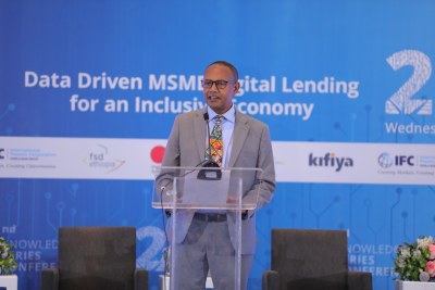 Samuel Yalew Adela, Ethiopia Country Director, Mastercard Foundation, addresses the audience at the event on Wednesday, May 3, 2023.
