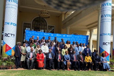 A group photo of the 73rd Session of the WHO Regional Committee for Africa including WHO General Dr. Tedros Ghebreyesus, WHO Afro Director Dr. Matshidiso Moeti, President of Botswana Mokgweetsi Masisi, First Lady Neo Masisi, and Health Ministers from across the African continent.