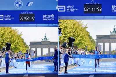 (Eliud Kipchoge (left) and Tigst Assefa (right) winning their respective races at the Berlin Marathon 2023