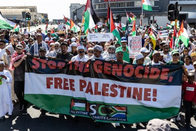 Thousands of people marched in Cape Town calling for genocide in Gaza to be prevented. Gaza is one of the two Occupied Palestinian Territories.